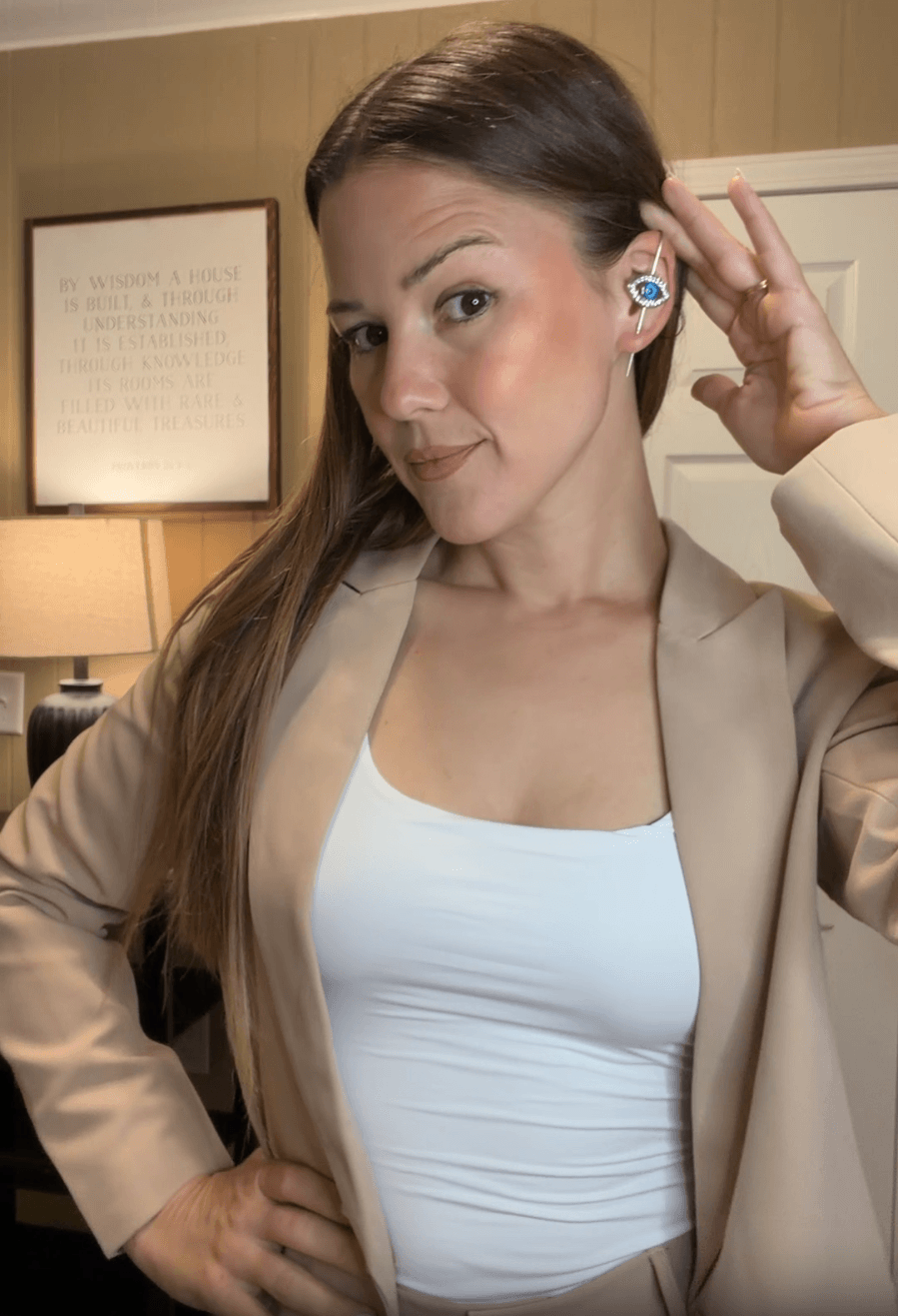 Woman styling one Auriava earring set in three different fashion looks and vibes.